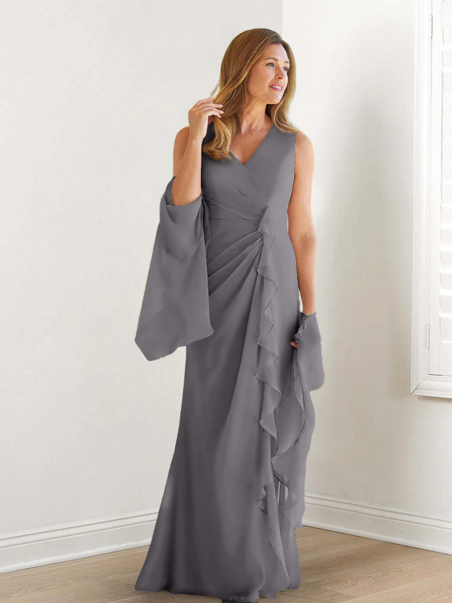 V-Neck Sleeveless Floor-Length Mother of the Bride Gown with Wraps & Ruffles