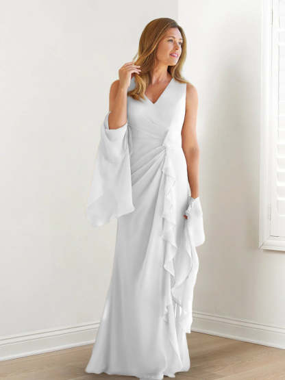 V-Neck Sleeveless Floor-Length Mother of the Bride Gown with Wraps & Ruffles