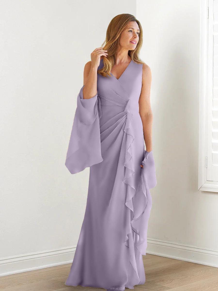 V-Neck Sleeveless Floor-Length Mother of the Bride Gown with Wraps & Ruffles