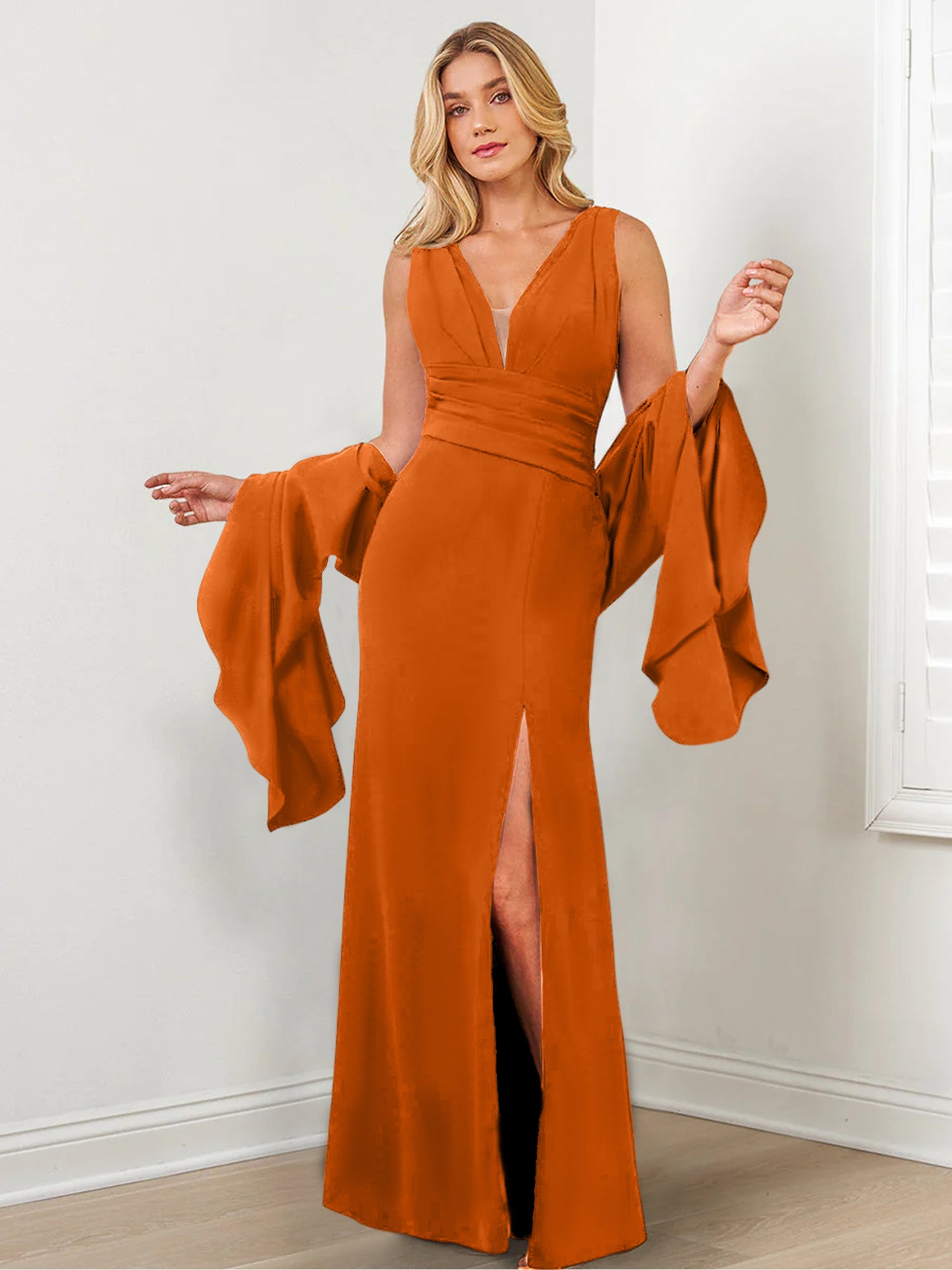 V-Neck Mother of the Bride Column Dresses with Side Split & Wraps