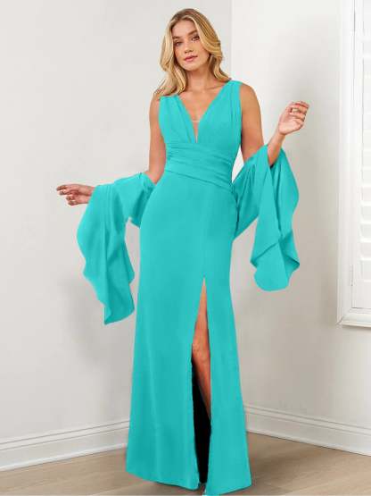 V-Neck Mother of the Bride Column Dresses with Side Split & Wraps
