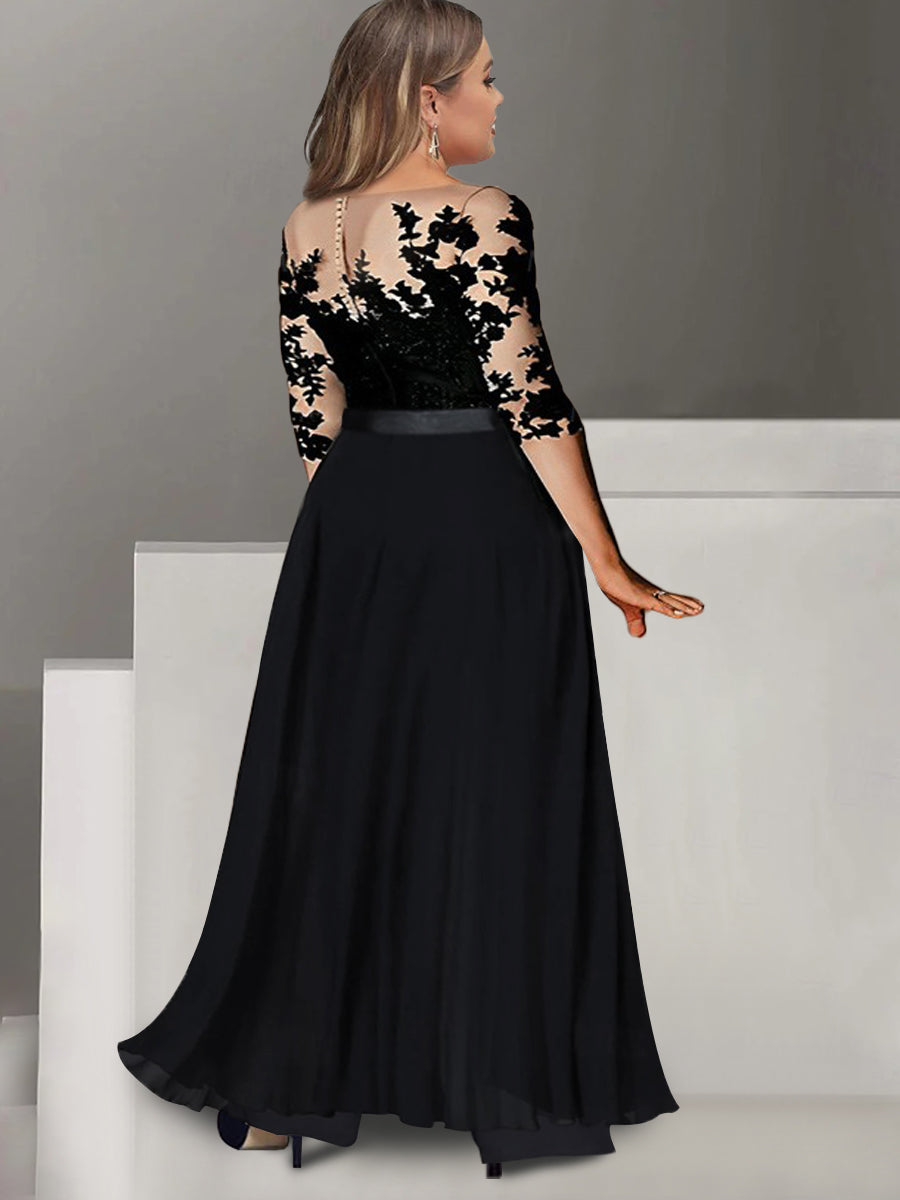 Princess A-Line Floor-Length Plus Size Mother of the Bride Pantsuit with Applique and 3/4 Sleeves Jewel Neck