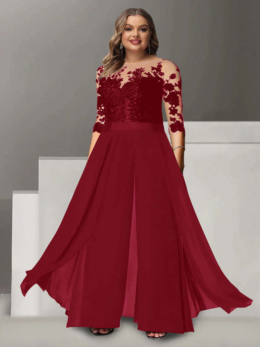 Princess A-Line Floor-Length Plus Size Mother of the Bride Pantsuit with Applique and 3/4 Sleeves Jewel Neck