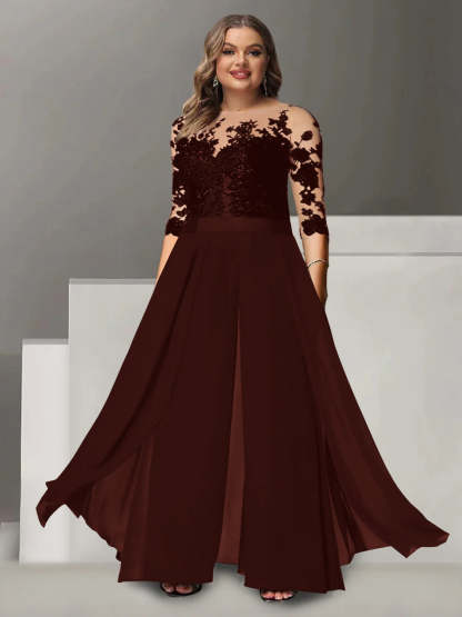 Princess A-Line Floor-Length Plus Size Mother of the Bride Pantsuit with Applique and 3/4 Sleeves Jewel Neck