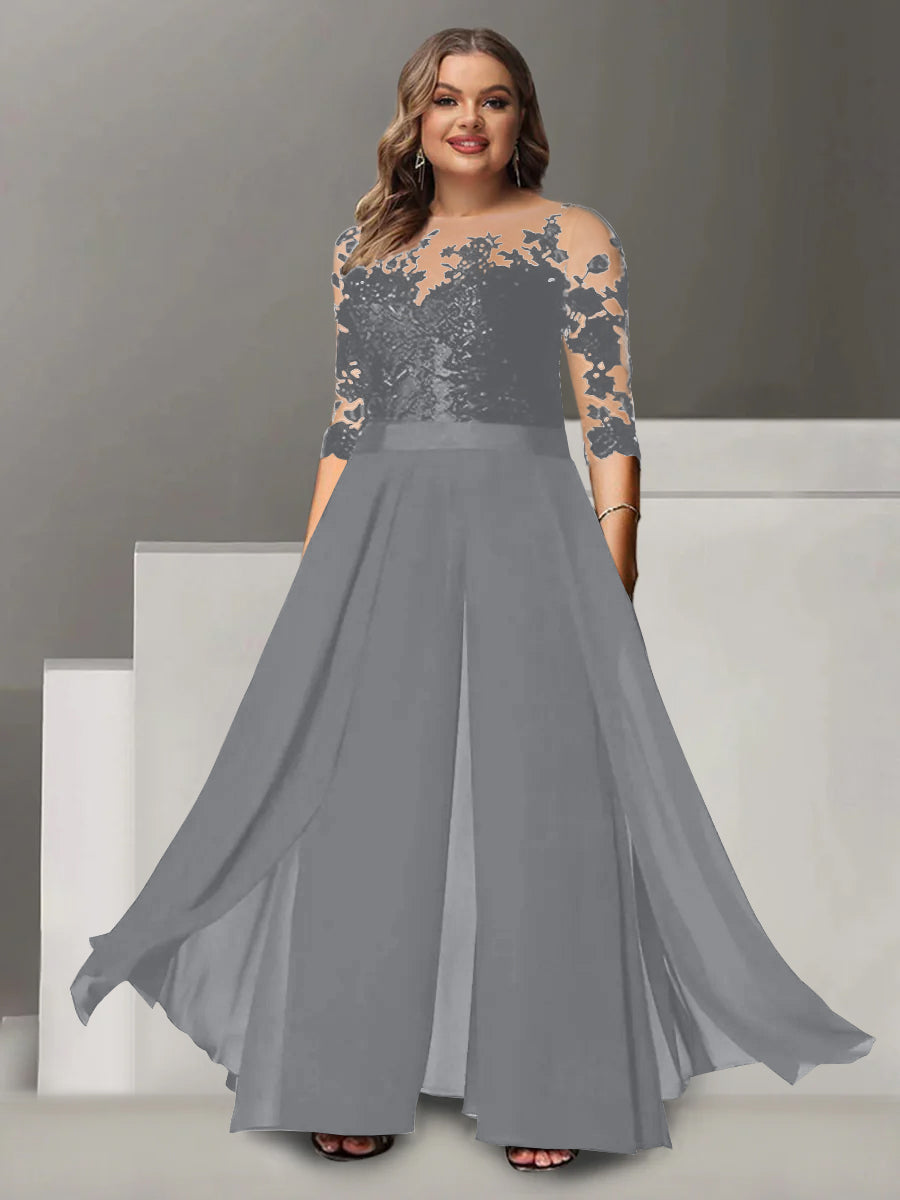 Princess A-Line Floor-Length Plus Size Mother of the Bride Pantsuit with Applique and 3/4 Sleeves Jewel Neck