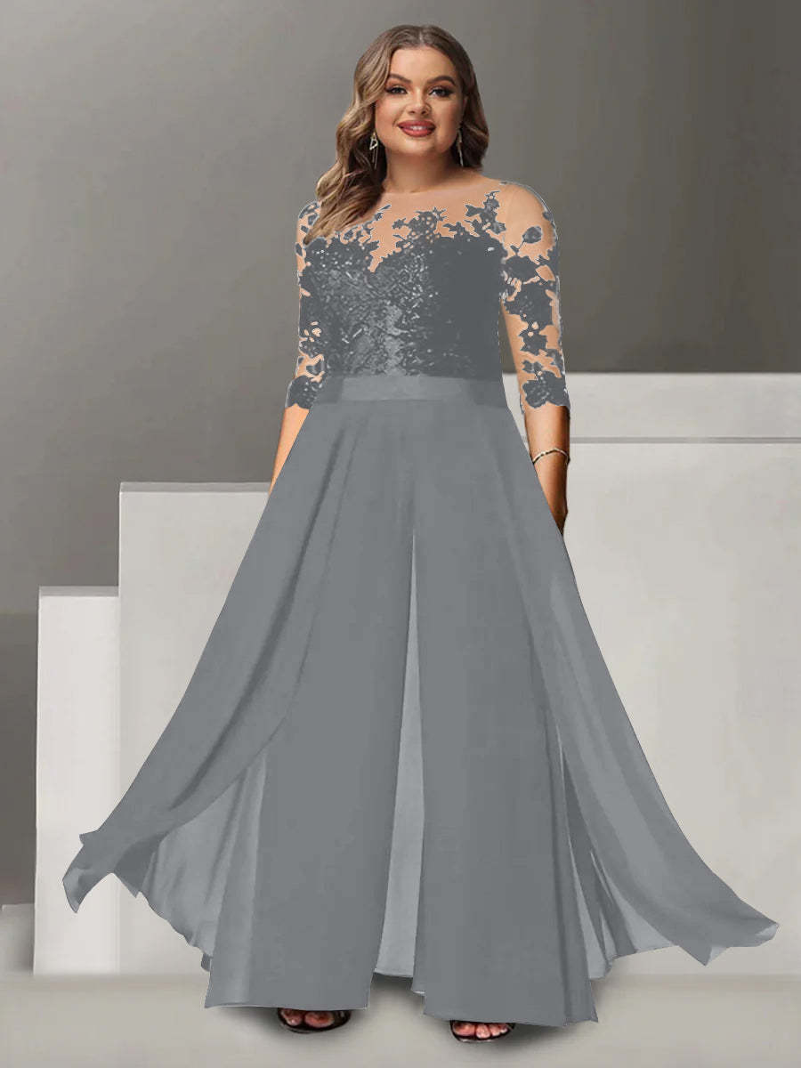 Princess A-Line Floor-Length Plus Size Mother of the Bride Pantsuit with Applique and 3/4 Sleeves Jewel Neck