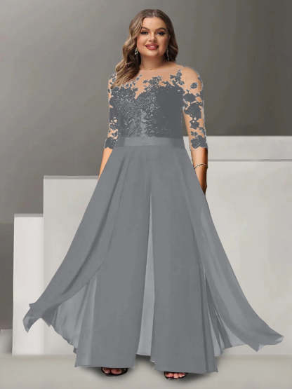 Princess A-Line Floor-Length Plus Size Mother of the Bride Pantsuit with Applique and 3/4 Sleeves Jewel Neck