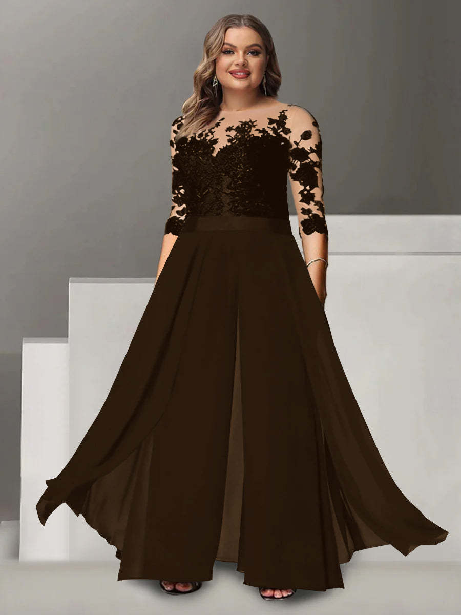 Princess A-Line Floor-Length Plus Size Mother of the Bride Pantsuit with Applique and 3/4 Sleeves Jewel Neck