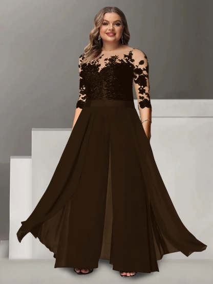 Princess A-Line Floor-Length Plus Size Mother of the Bride Pantsuit with Applique and 3/4 Sleeves Jewel Neck