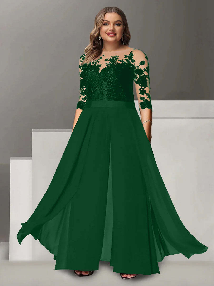 Princess A-Line Floor-Length Plus Size Mother of the Bride Pantsuit with Applique and 3/4 Sleeves Jewel Neck