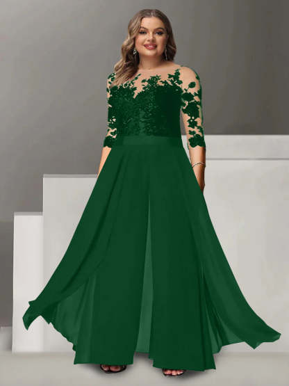 Princess A-Line Floor-Length Plus Size Mother of the Bride Pantsuit with Applique and 3/4 Sleeves Jewel Neck