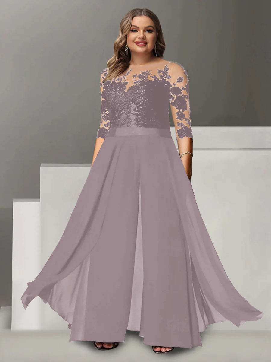 Princess A-Line Floor-Length Plus Size Mother of the Bride Pantsuit with Applique and 3/4 Sleeves Jewel Neck