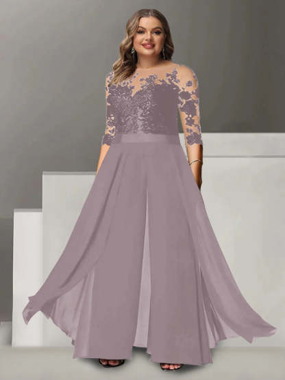 Princess A-Line Floor-Length Plus Size Mother of the Bride Pantsuit with Applique and 3/4 Sleeves Jewel Neck