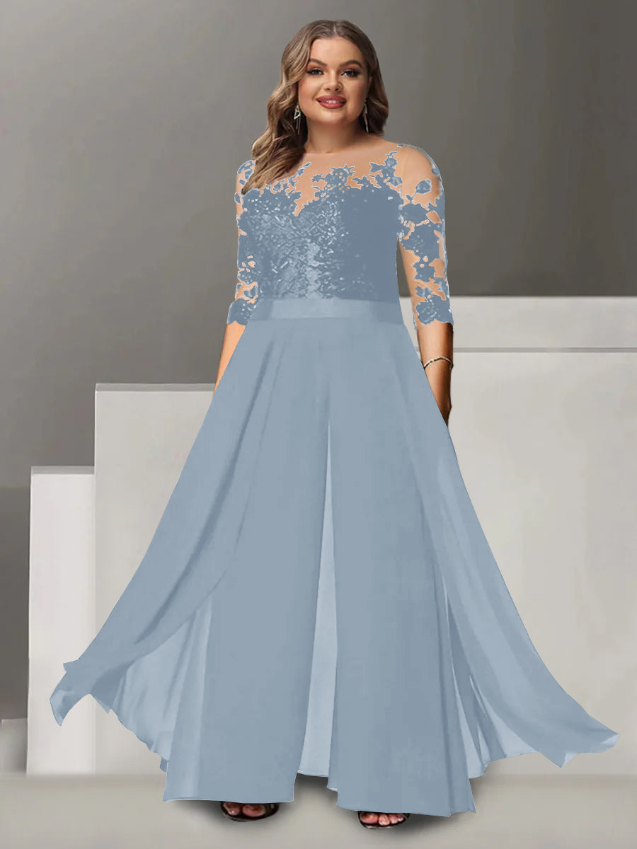 Princess A-Line Floor-Length Plus Size Mother of the Bride Pantsuit with Applique and 3/4 Sleeves Jewel Neck