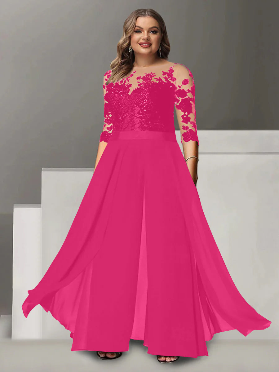 Princess A-Line Floor-Length Plus Size Mother of the Bride Pantsuit with Applique and 3/4 Sleeves Jewel Neck