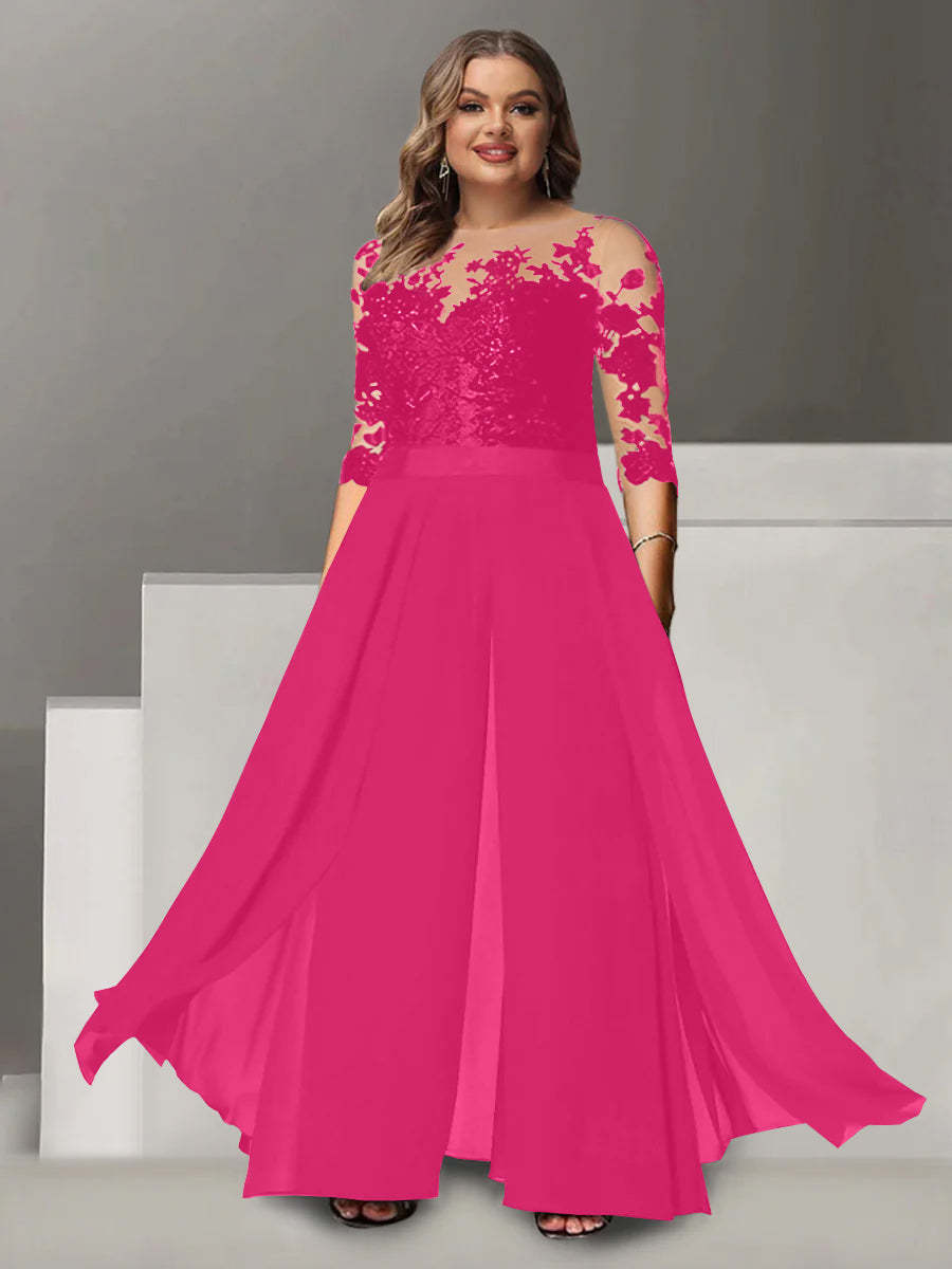 Princess A-Line Floor-Length Plus Size Mother of the Bride Pantsuit with Applique and 3/4 Sleeves Jewel Neck
