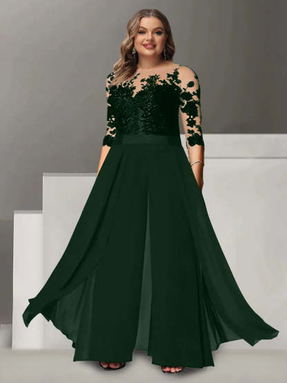 Princess A-Line Floor-Length Plus Size Mother of the Bride Pantsuit with Applique and 3/4 Sleeves Jewel Neck