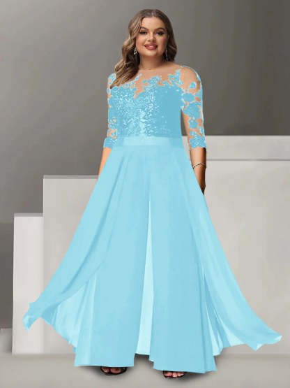 Princess A-Line Floor-Length Plus Size Mother of the Bride Pantsuit with Applique and 3/4 Sleeves Jewel Neck