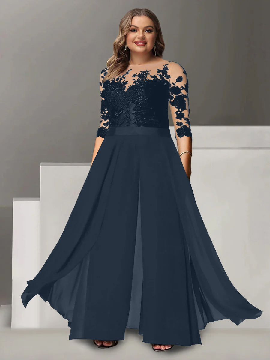 Princess A-Line Floor-Length Plus Size Mother of the Bride Pantsuit with Applique and 3/4 Sleeves Jewel Neck