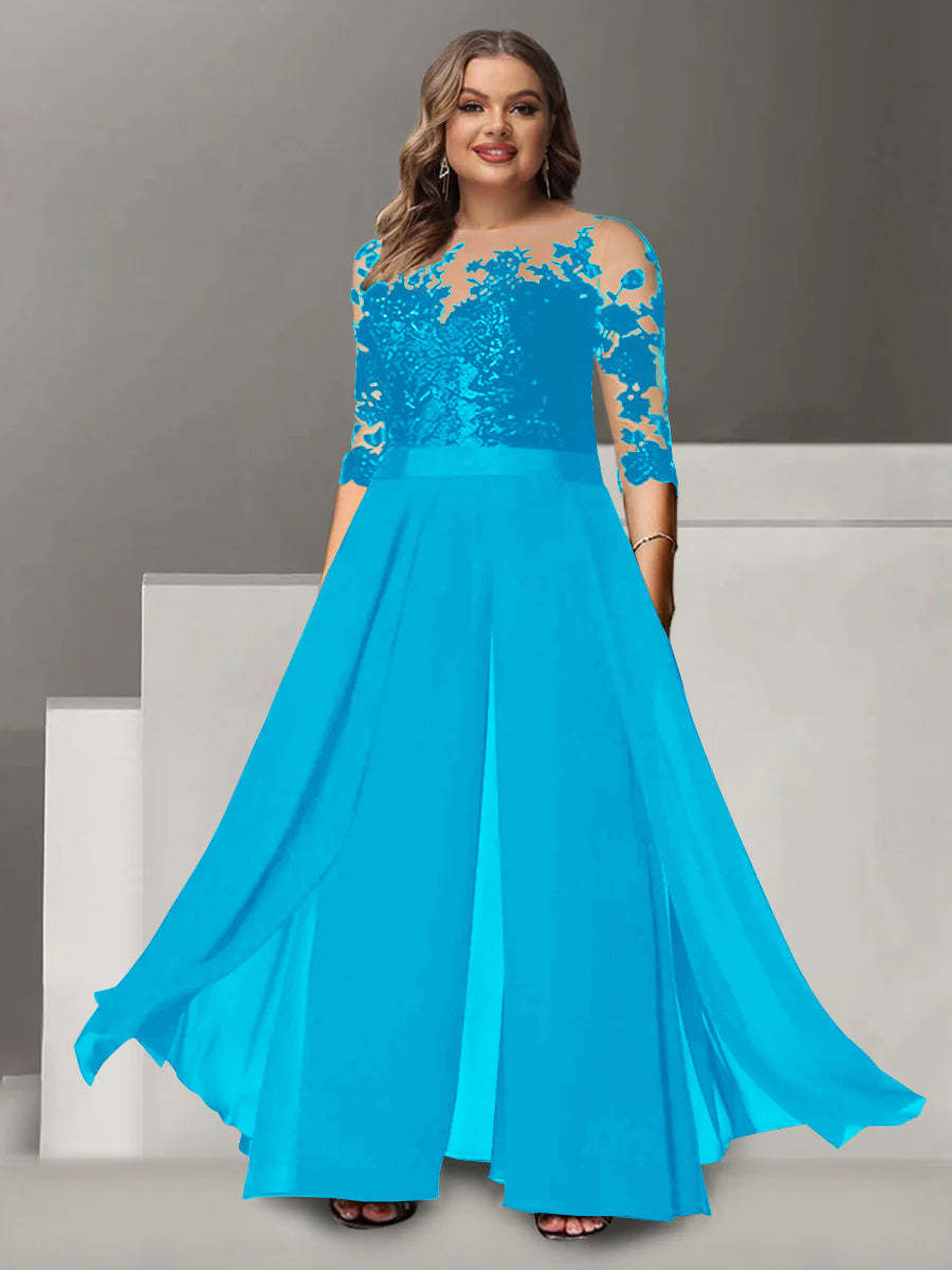 Princess A-Line Floor-Length Plus Size Mother of the Bride Pantsuit with Applique and 3/4 Sleeves Jewel Neck