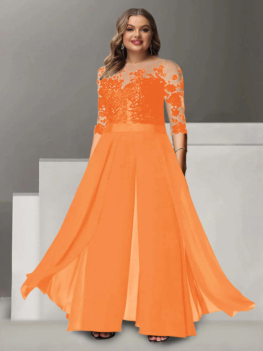 Princess A-Line Floor-Length Plus Size Mother of the Bride Pantsuit with Applique and 3/4 Sleeves Jewel Neck
