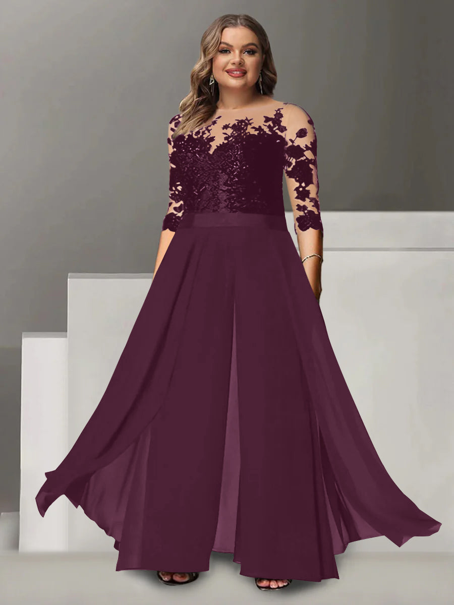 Princess A-Line Floor-Length Plus Size Mother of the Bride Pantsuit with Applique and 3/4 Sleeves Jewel Neck