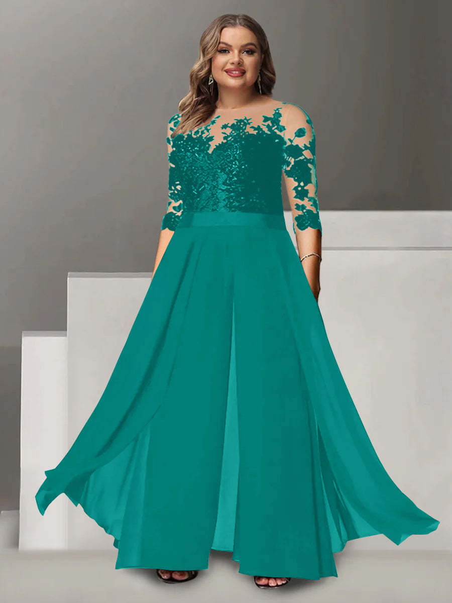 Princess A-Line Floor-Length Plus Size Mother of the Bride Pantsuit with Applique and 3/4 Sleeves Jewel Neck