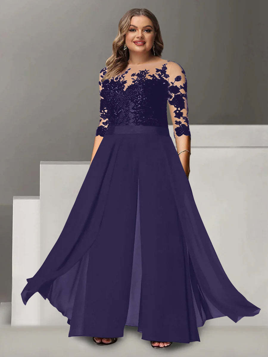 Princess A-Line Floor-Length Plus Size Mother of the Bride Pantsuit with Applique and 3/4 Sleeves Jewel Neck