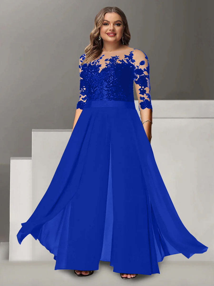 Princess A-Line Floor-Length Plus Size Mother of the Bride Pantsuit with Applique and 3/4 Sleeves Jewel Neck