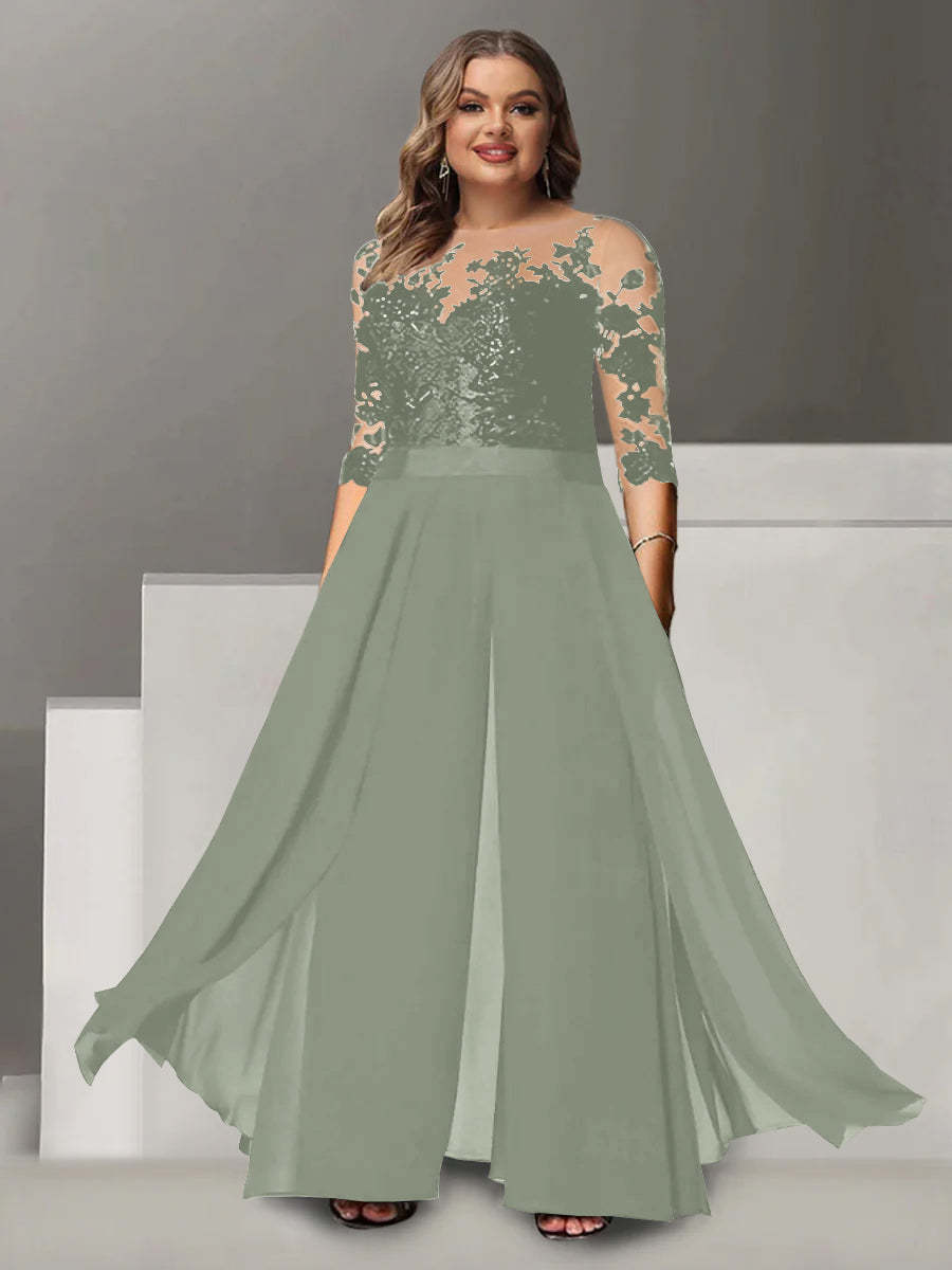Princess A-Line Floor-Length Plus Size Mother of the Bride Pantsuit with Applique and 3/4 Sleeves Jewel Neck
