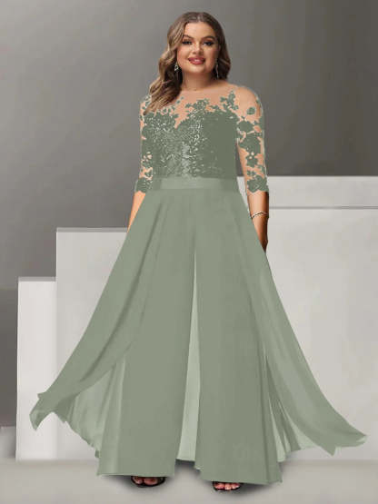 Princess A-Line Floor-Length Plus Size Mother of the Bride Pantsuit with Applique and 3/4 Sleeves Jewel Neck