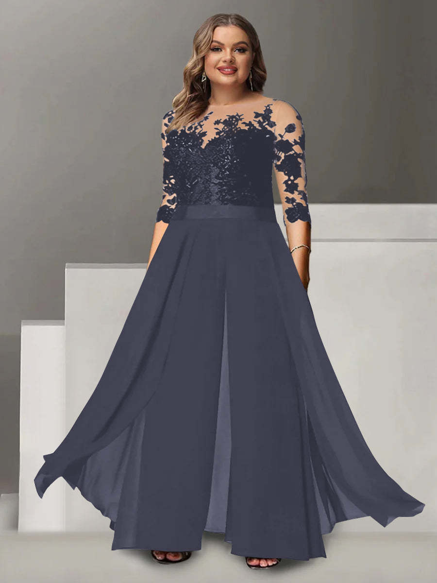 Princess A-Line Floor-Length Plus Size Mother of the Bride Pantsuit with Applique and 3/4 Sleeves Jewel Neck