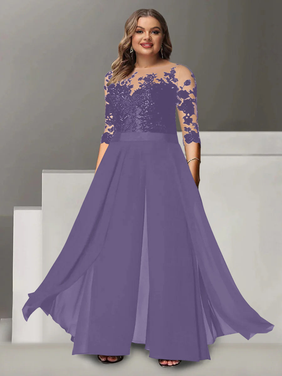 Princess A-Line Floor-Length Plus Size Mother of the Bride Pantsuit with Applique and 3/4 Sleeves Jewel Neck
