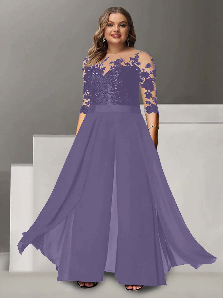 Princess A-Line Floor-Length Plus Size Mother of the Bride Pantsuit with Applique and 3/4 Sleeves Jewel Neck