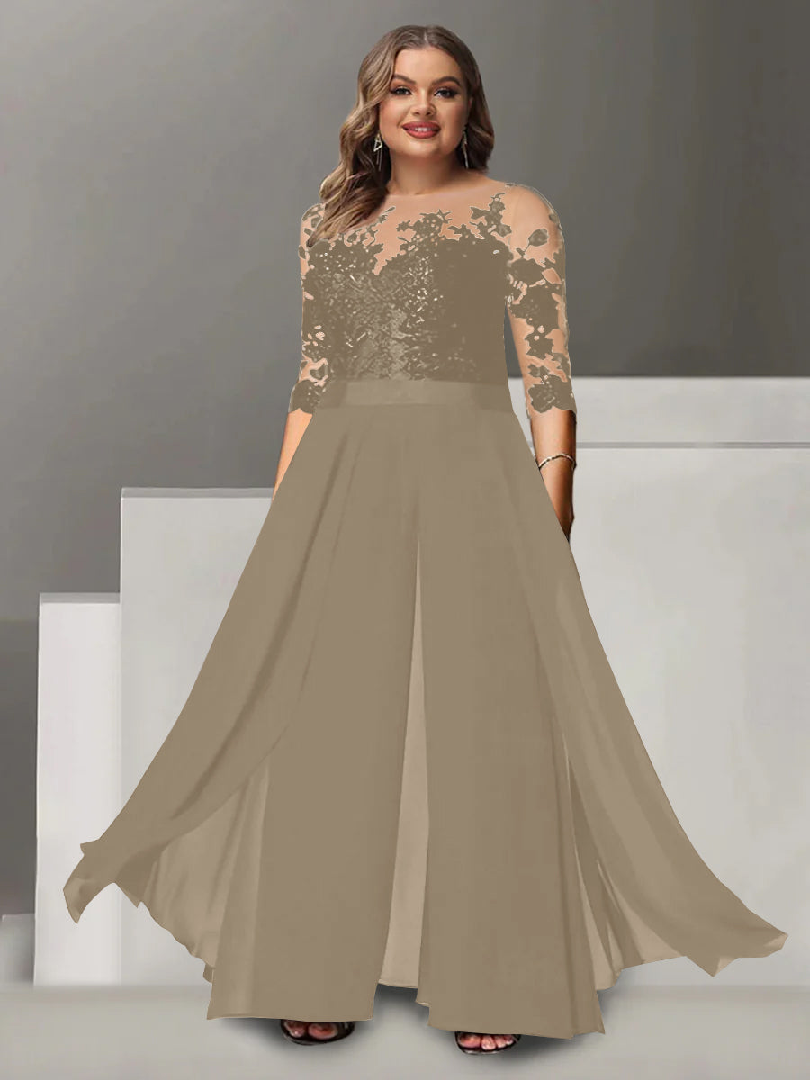 Princess A-Line Floor-Length Plus Size Mother of the Bride Pantsuit with Applique and 3/4 Sleeves Jewel Neck