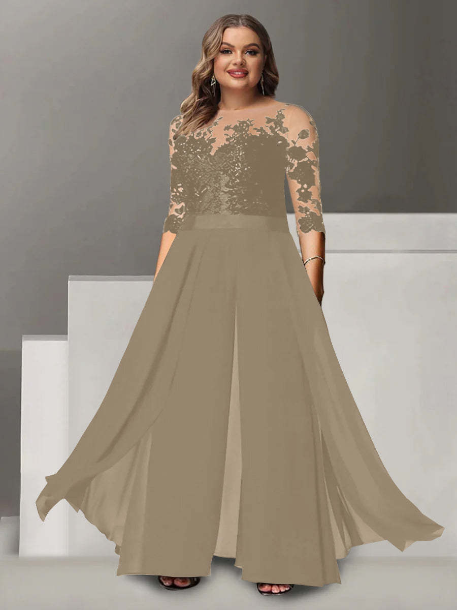 Princess A-Line Floor-Length Plus Size Mother of the Bride Pantsuit with Applique and 3/4 Sleeves Jewel Neck