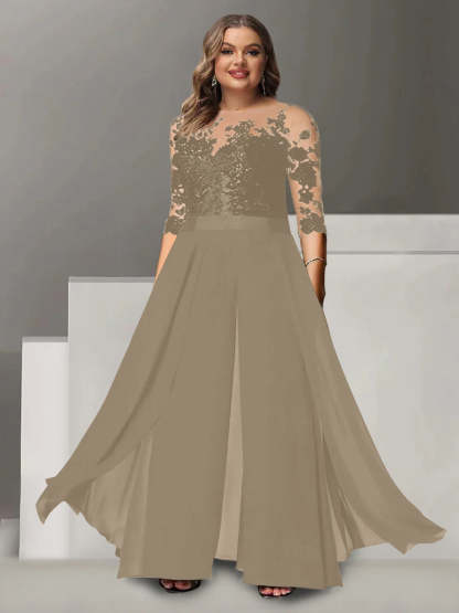 Princess A-Line Floor-Length Plus Size Mother of the Bride Pantsuit with Applique and 3/4 Sleeves Jewel Neck