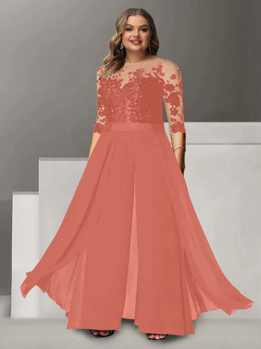 Princess A-Line Floor-Length Plus Size Mother of the Bride Pantsuit with Applique and 3/4 Sleeves Jewel Neck