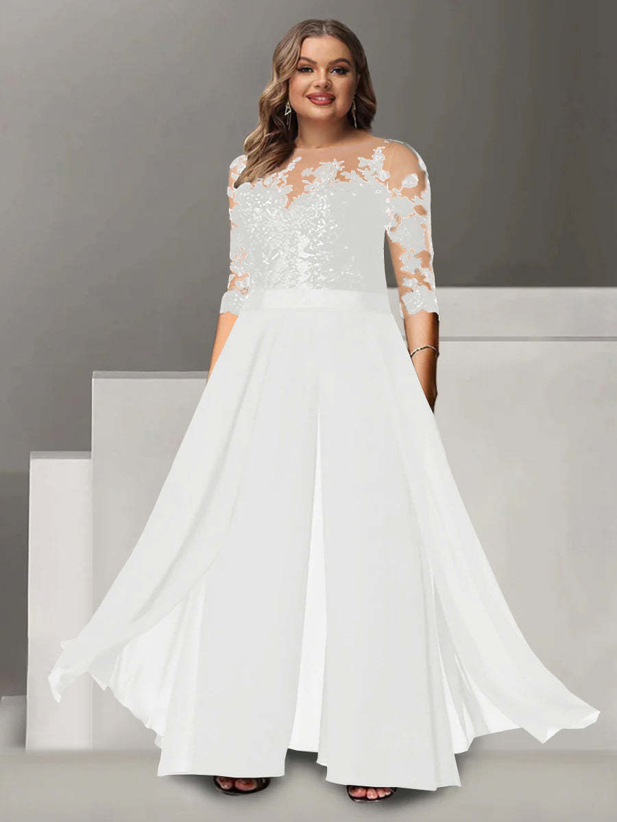 Princess A-Line Floor-Length Plus Size Mother of the Bride Pantsuit with Applique and 3/4 Sleeves Jewel Neck