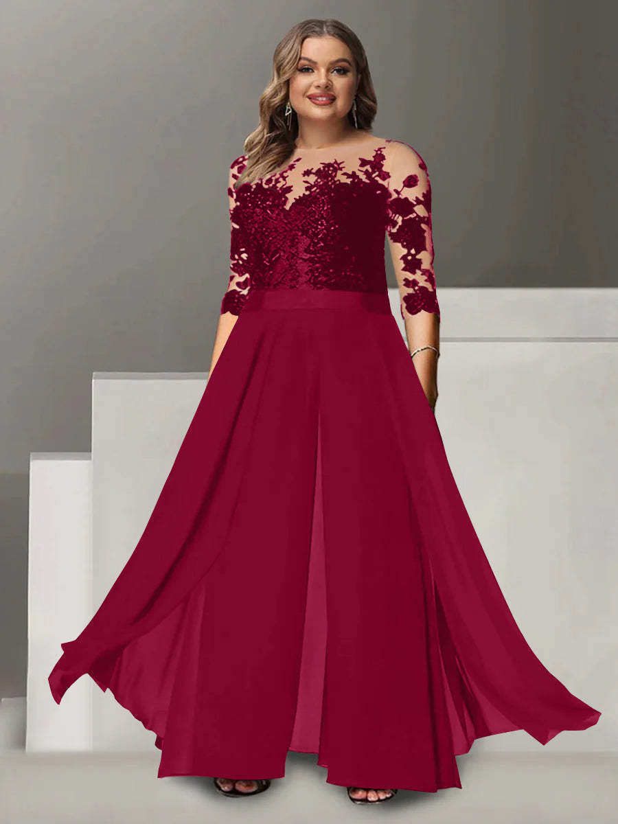 Princess A-Line Floor-Length Plus Size Mother of the Bride Pantsuit with Applique and 3/4 Sleeves Jewel Neck