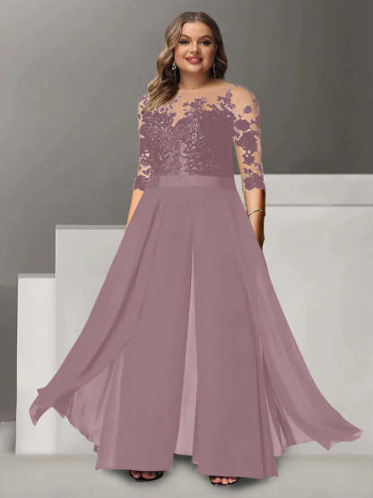 Princess A-Line Floor-Length Plus Size Mother of the Bride Pantsuit with Applique and 3/4 Sleeves Jewel Neck