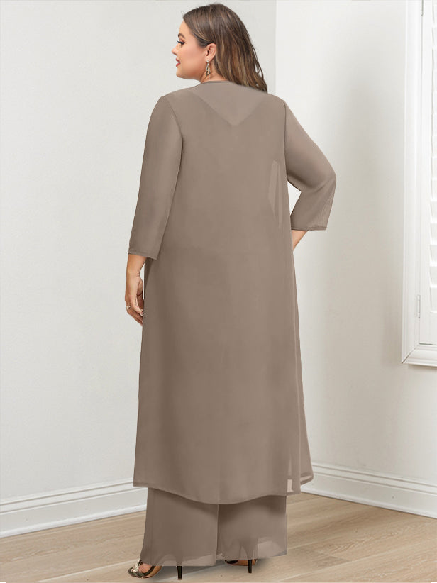 Floor-Length Round Neck Chiffon Pantsuits For The Mother Of The Bride With Jacket And Applique