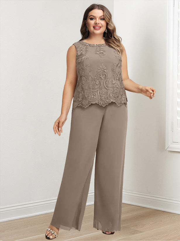 Plus Size Floor-Length Chiffon Pantsuit for the Mother of the Bride with Round Neck and Applique Jacket