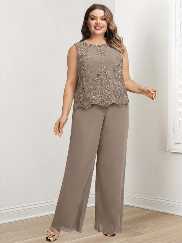 Plus Size Floor-Length Chiffon Pantsuit for the Mother of the Bride with Round Neck and Applique Jacket
