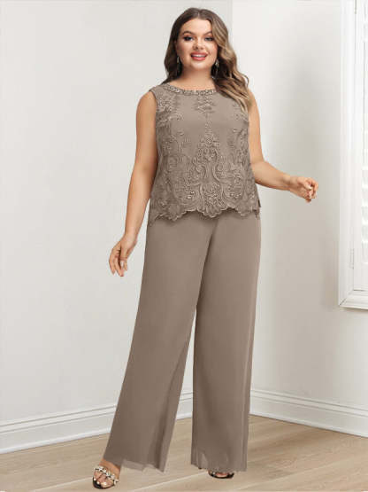 Plus Size Floor-Length Chiffon Pantsuit for the Mother of the Bride with Round Neck and Applique Jacket