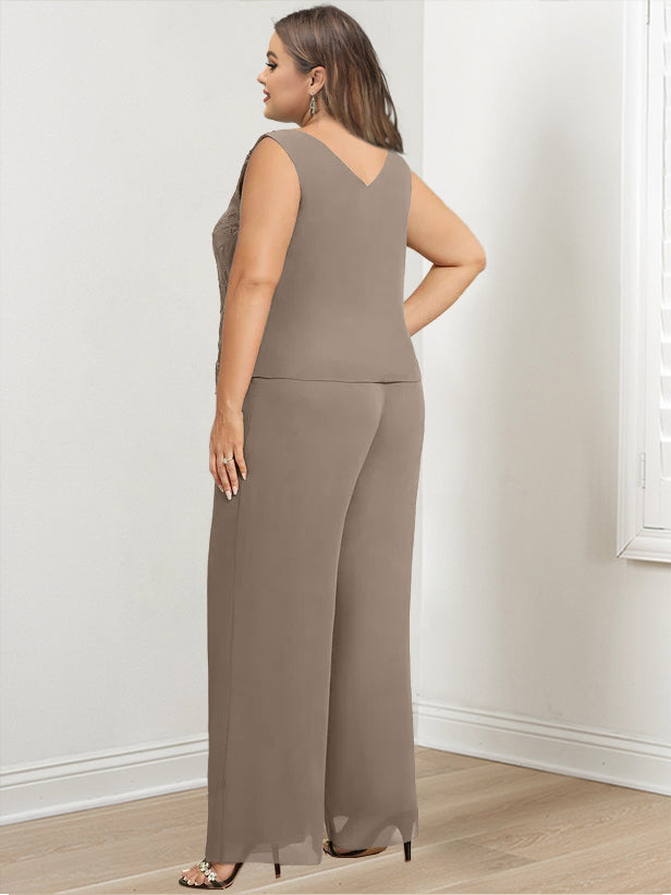 Plus Size Floor-Length Chiffon Pantsuit for the Mother of the Bride with Round Neck and Applique Jacket