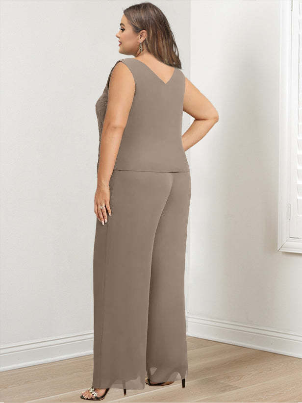 Plus Size Floor-Length Chiffon Pantsuit for the Mother of the Bride with Round Neck and Applique Jacket