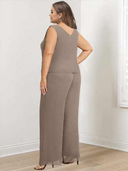 Plus Size Floor-Length Chiffon Pantsuit for the Mother of the Bride with Round Neck and Applique Jacket