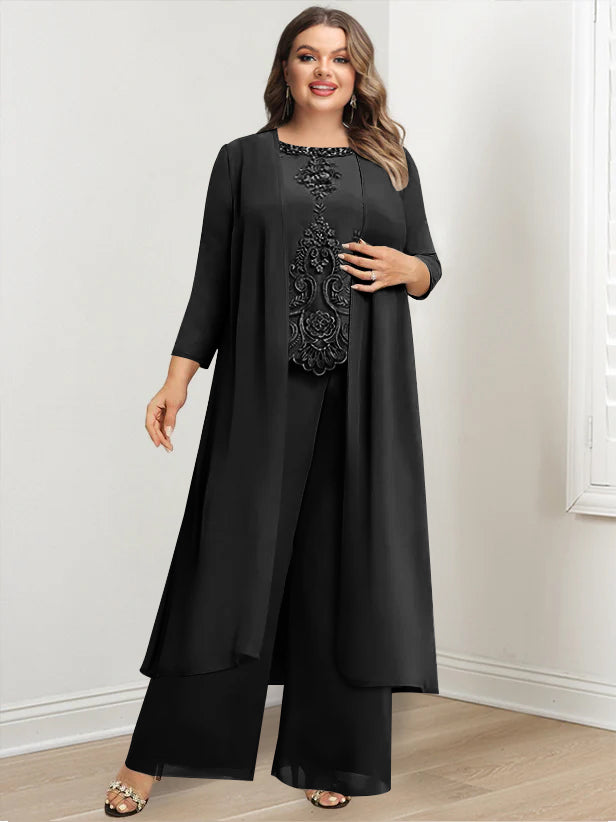 Plus Size Floor-Length Chiffon Pantsuit for the Mother of the Bride with Round Neck and Applique Jacket