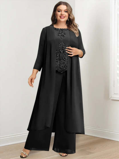 Plus Size Floor-Length Chiffon Pantsuit for the Mother of the Bride with Round Neck and Applique Jacket